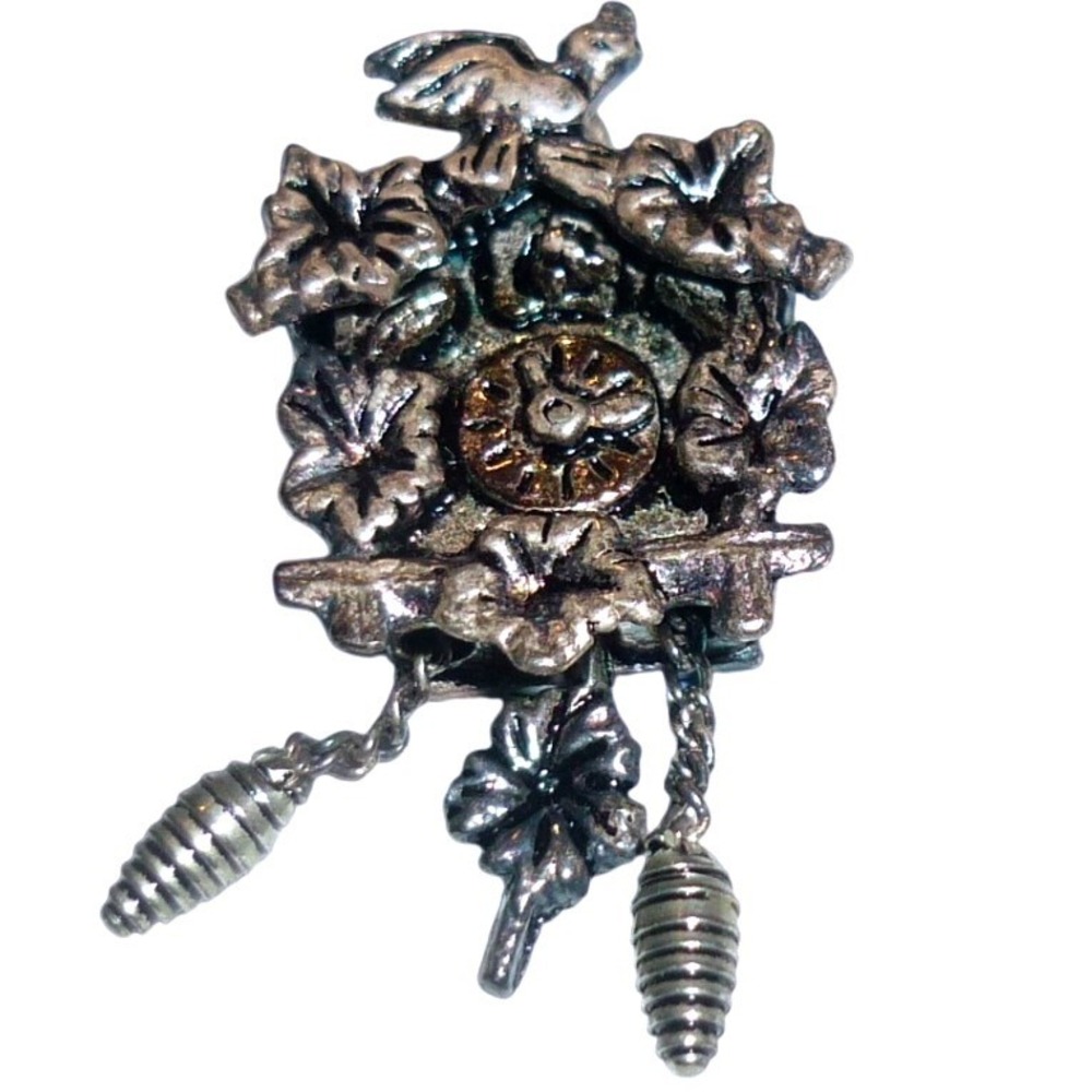 Vintage Silver Tone Cuckoo Clock Charm Pendant Miniature Chalet Pinecone Weights
